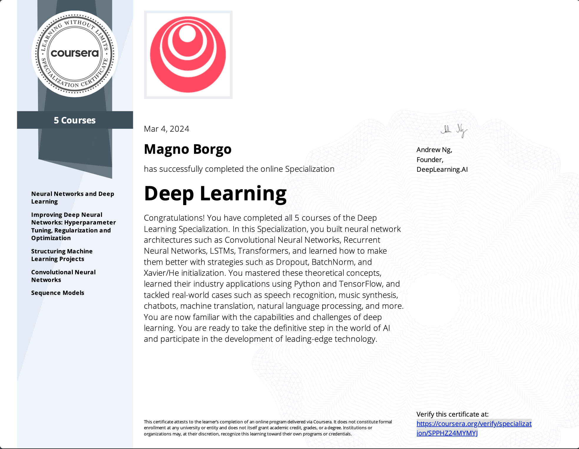 Deep learning Certificate